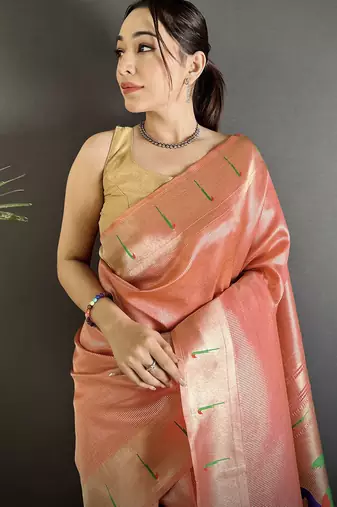 rust orange tissue minakari plain zari weaving paithani saree