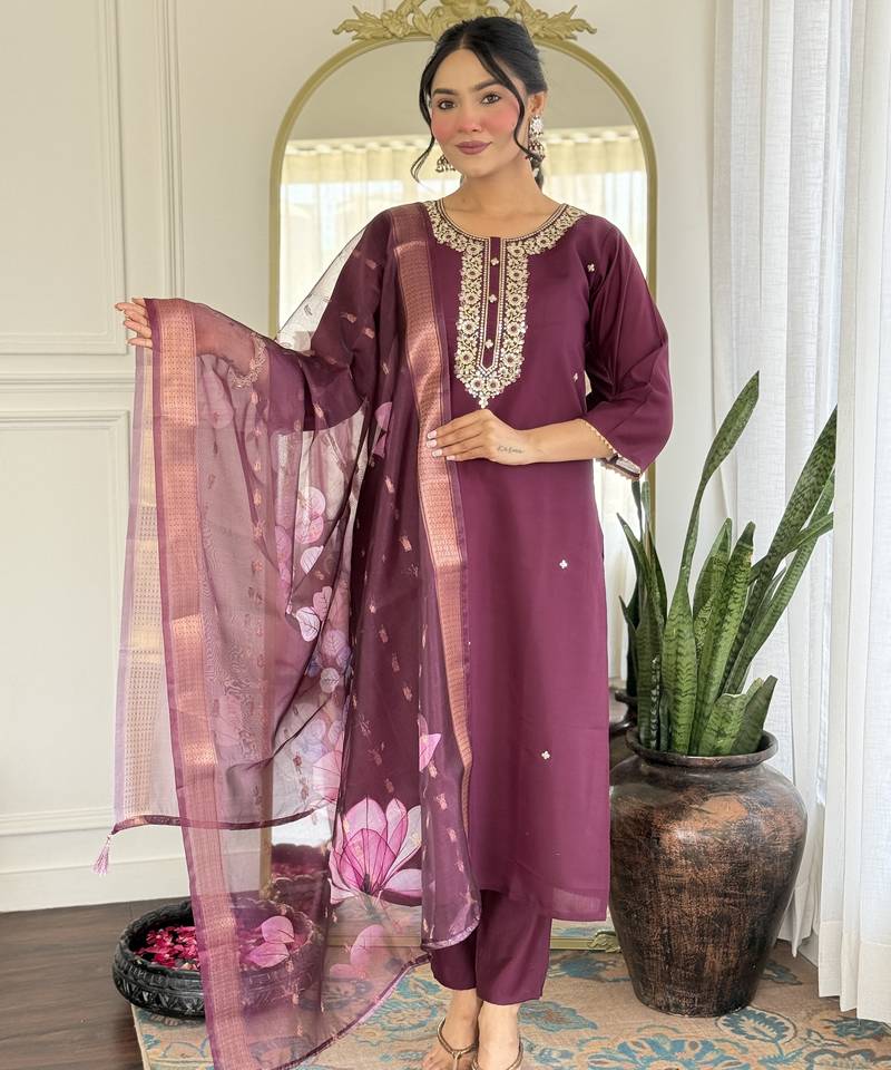 Embroidered wine rayon salwar suit for party