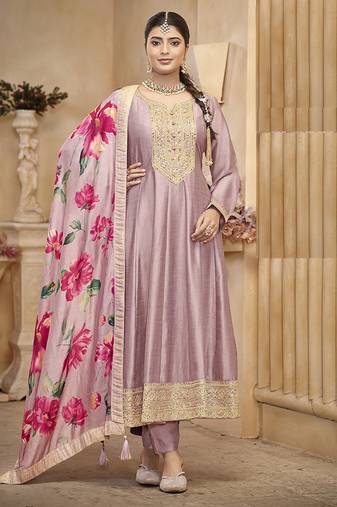 Vichitra silk onion pink embroidered anarkali salwar kameez