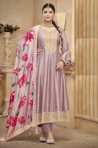 Vichitra silk onion pink embroidered anarkali salwar kameez