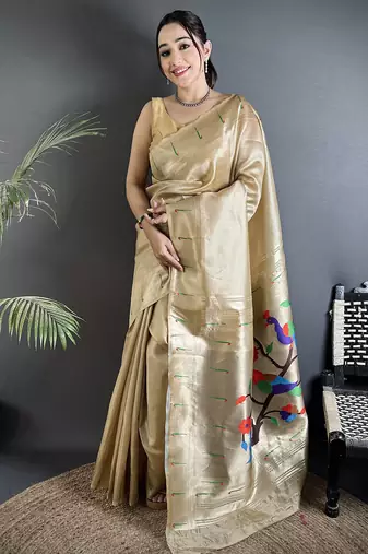 cream tissue minakari plain zari weaving paithani saree