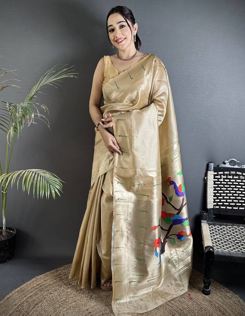 cream tissue minakari plain zari weaving paithani saree