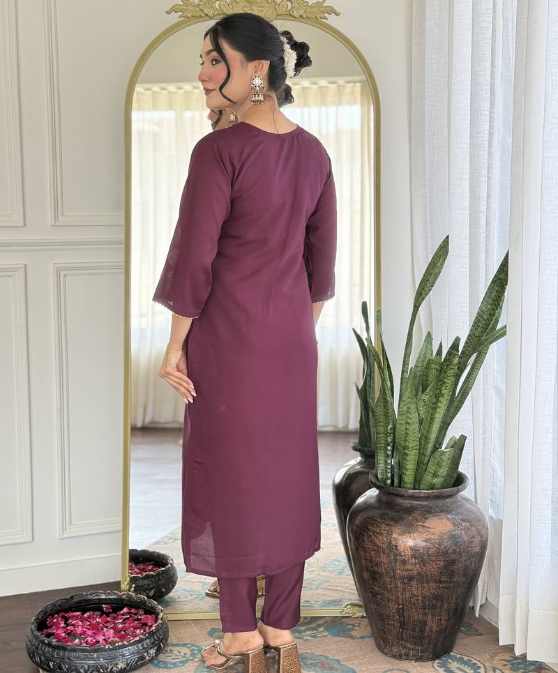 Embroidered wine rayon salwar suit for party