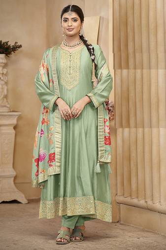 Vichitra silk sea green embroidered anarkali salwar kameez