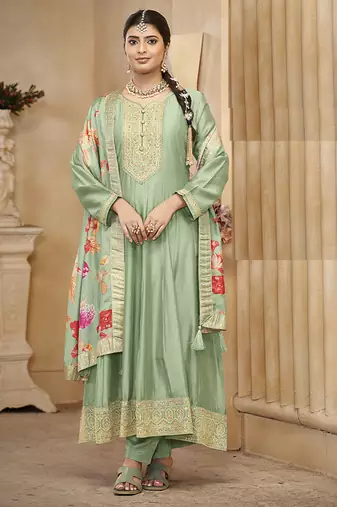 Vichitra silk sea green embroidered anarkali salwar kameez