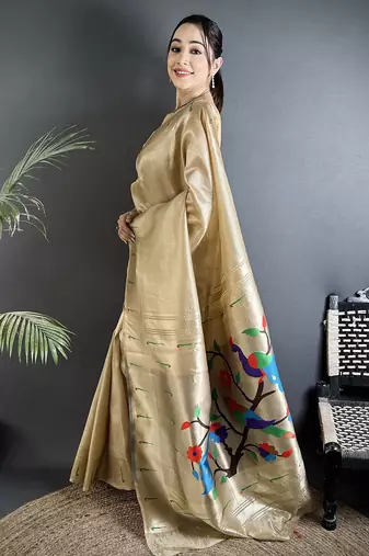 cream tissue minakari plain zari weaving paithani saree