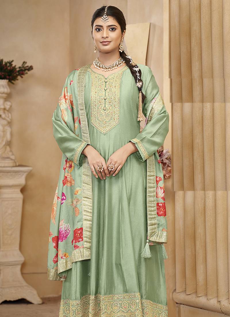 Vichitra silk sea green embroidered anarkali salwar kameez