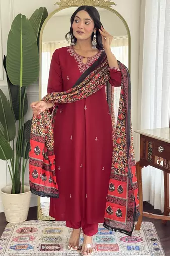 Embroidered rani pink viscose readymade salwar kameez