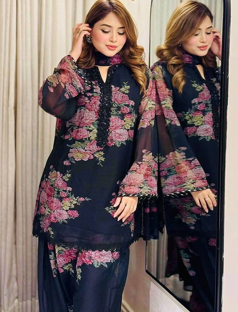 Black faux georgette printed salwar kameez