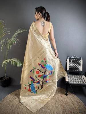 cream tissue minakari plain zari weaving paithani saree 3