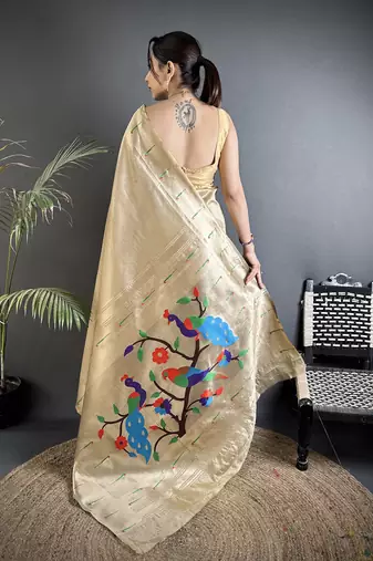 cream tissue minakari plain zari weaving paithani saree