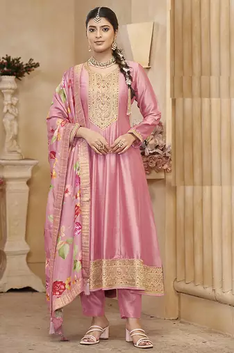 Vichitra silk pink embroidered anarkali salwar kameez