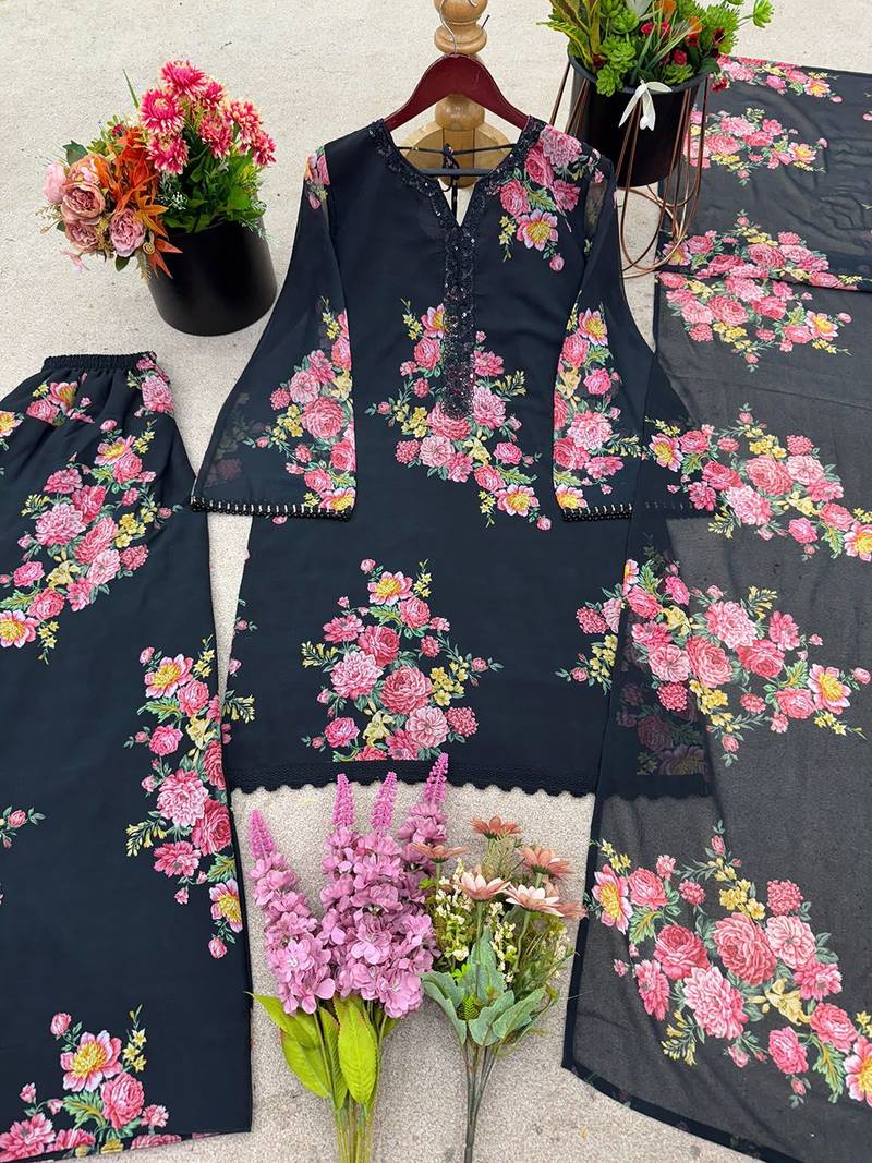 Black faux georgette printed salwar kameez