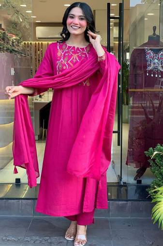 Embroidered hot pink chanderi silk salwar suit