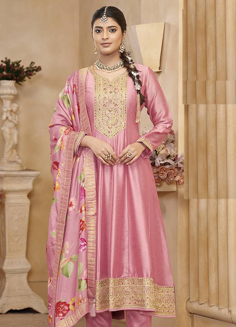 Vichitra silk pink embroidered anarkali salwar kameez