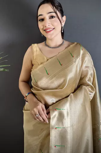 cream tissue minakari plain zari weaving paithani saree
