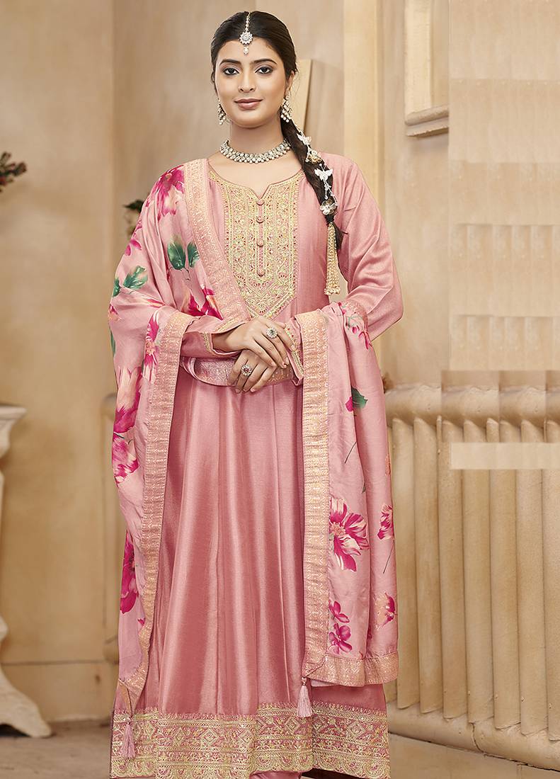 Vichitra silk light pink embroidered anarkali salwar kameez