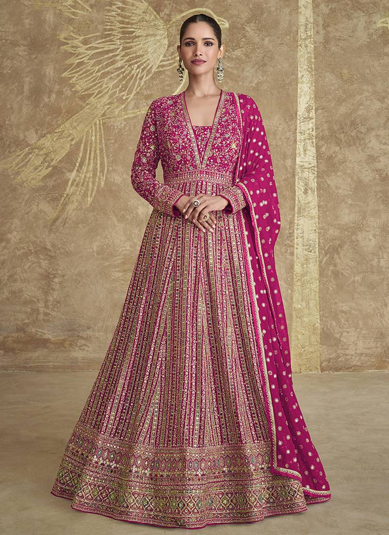 Georgette zari rani pink readymade floor length gown