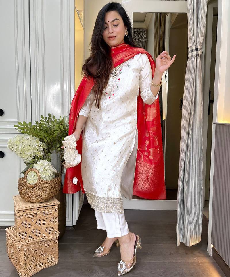 Embroidered off white chanderi jacquard salwar kameez