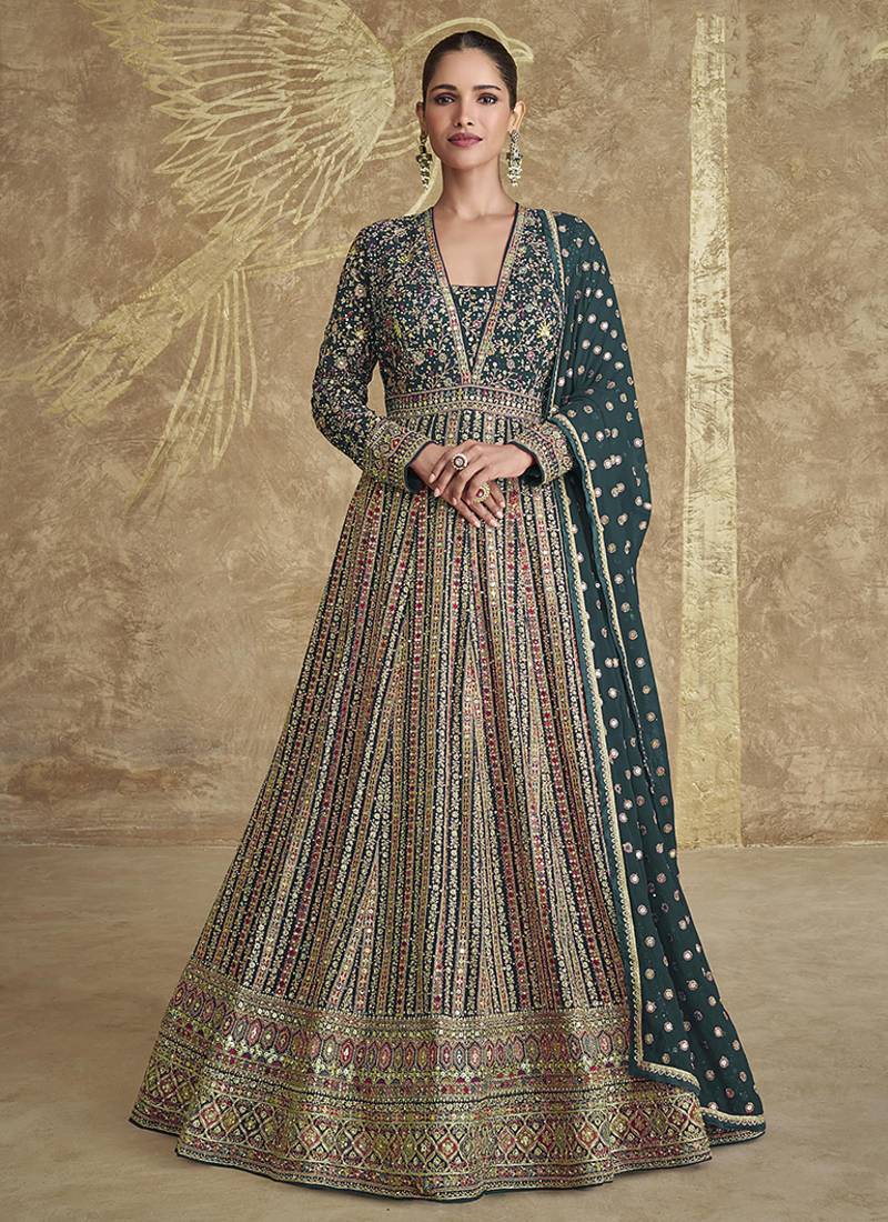 Georgette zari teal green readymade floor length gown