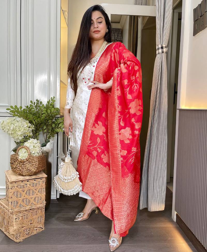 Embroidered off white chanderi jacquard salwar kameez