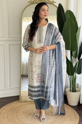 Off white and grey embroidered viscose designer salwar kameez