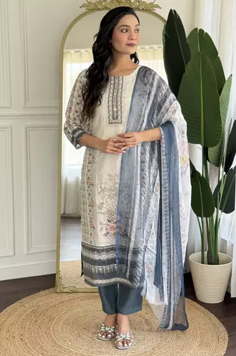 Off white and grey embroidered viscose designer salwar kameez