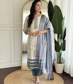 Off white and grey embroidered viscose designer salwar kameez