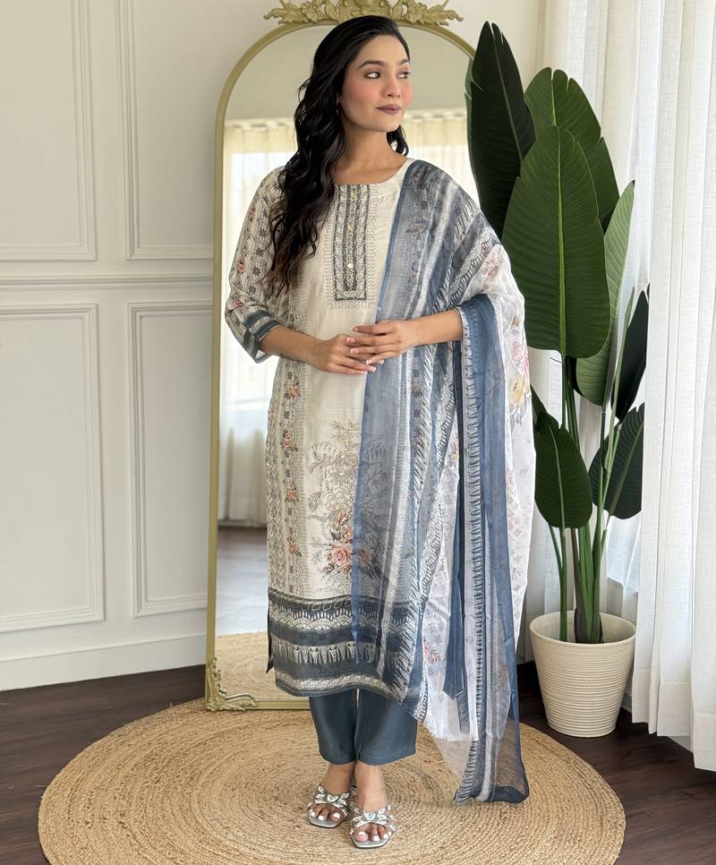 Off white and grey embroidered viscose designer salwar kameez