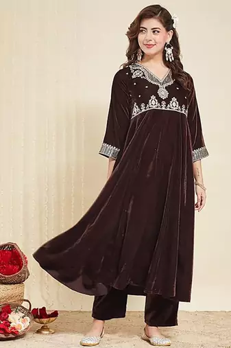 Brown velvet embroidered salwar suit