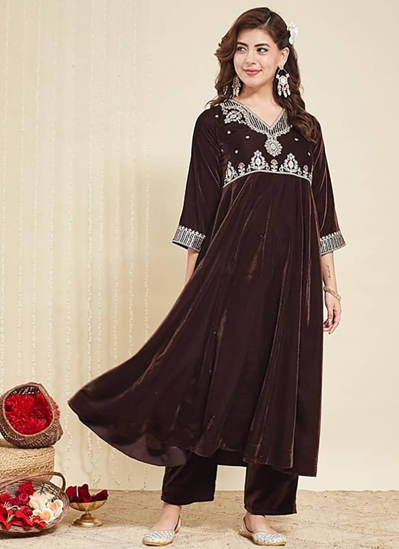 Brown velvet embroidered salwar suit