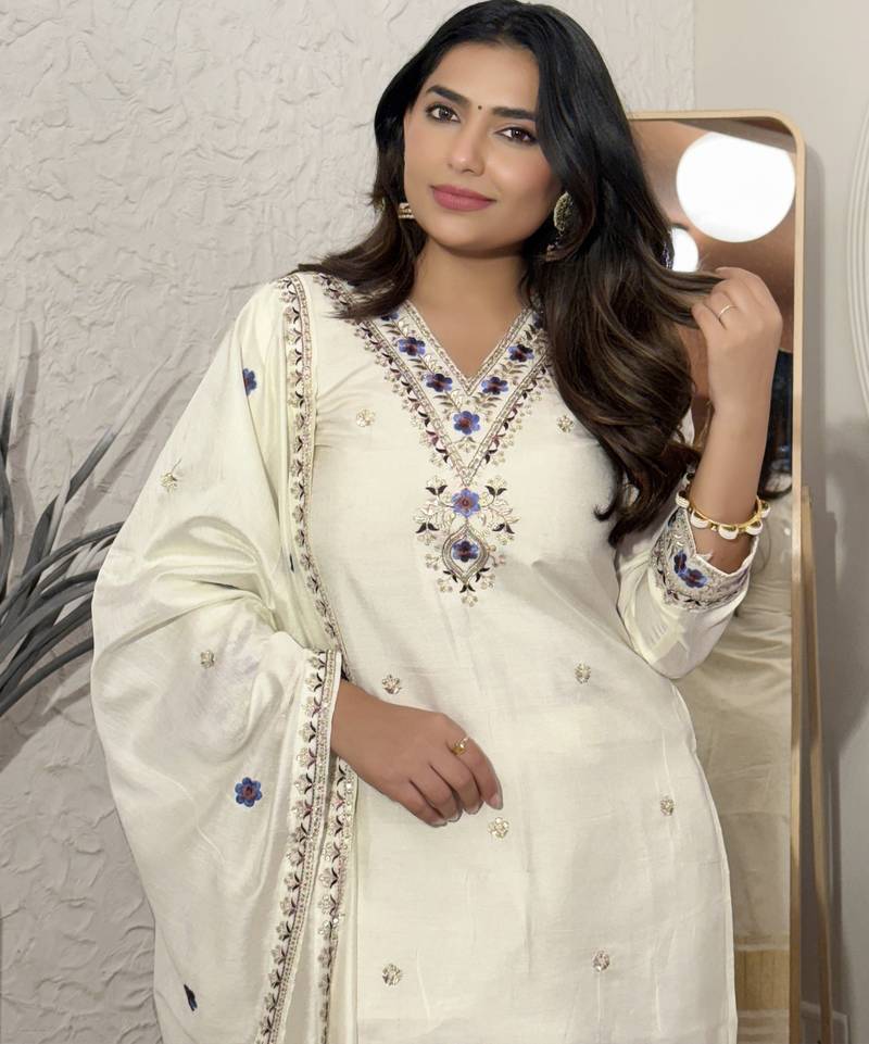 Viscose embroidered readymade salwar suits in white