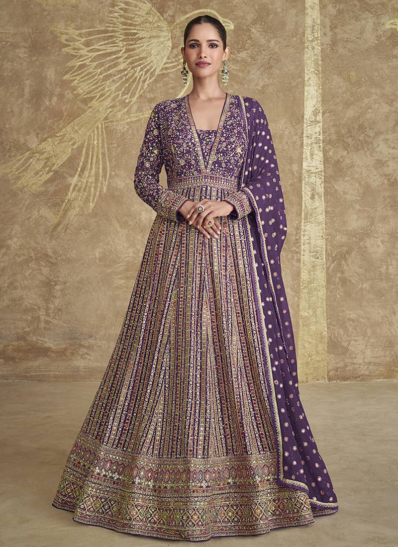 Georgette zari purple readymade floor length gown