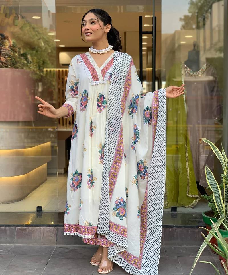 Off white embroidered cotton casual salwar kameez