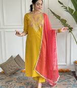 Viscose embroidered trendy salwar kameez in mustard