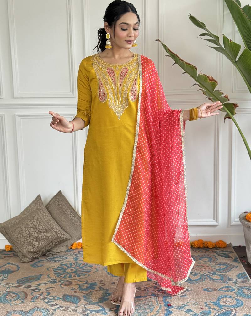 Viscose embroidered trendy salwar kameez in mustard