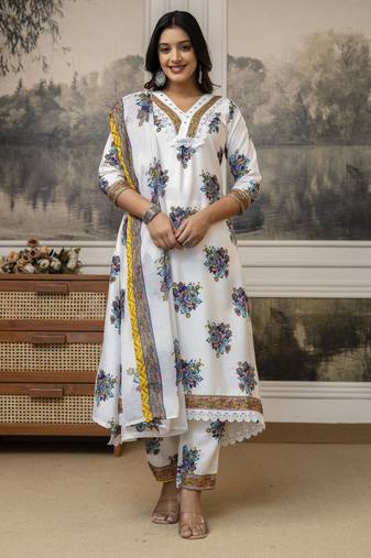 Cotton printed with embroidered white salwar kameez