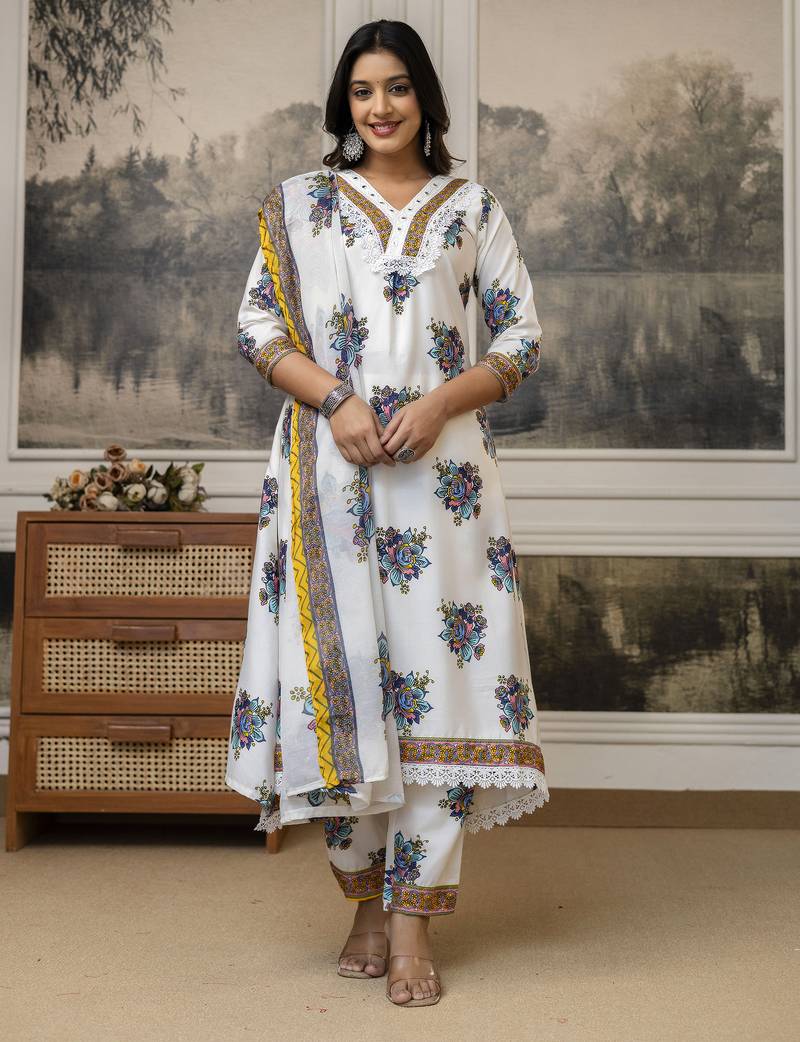 Cotton printed with embroidered white salwar kameez