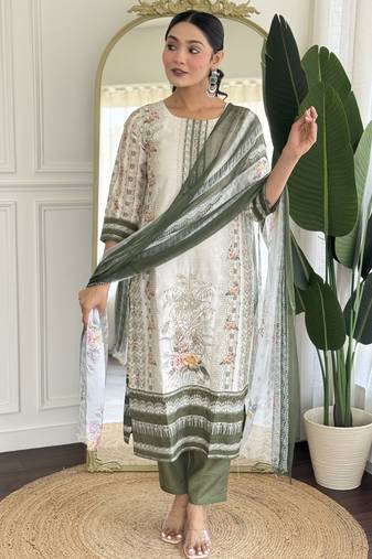 Off white and olive embroidered viscose designer salwar kameez