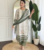 Off white and olive embroidered viscose designer salwar kameez