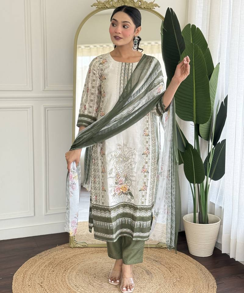 Off white and olive embroidered viscose designer salwar kameez