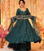 Dark teal embroidered chanderi salwar suit