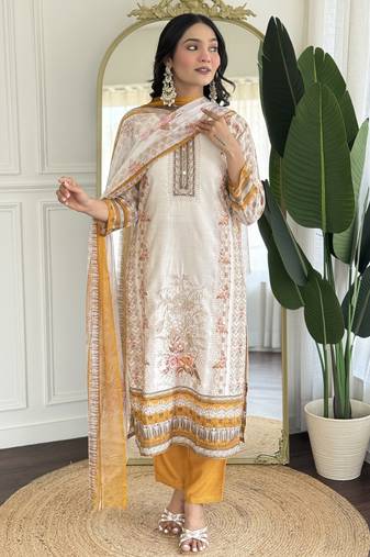 Off white and orange embroidered viscose designer salwar kameez