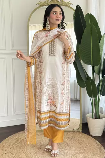 Off white and orange embroidered viscose designer salwar kameez