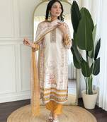 Off white and orange embroidered viscose designer salwar kameez