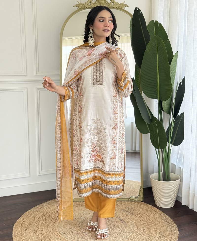 Off white and orange embroidered viscose designer salwar kameez