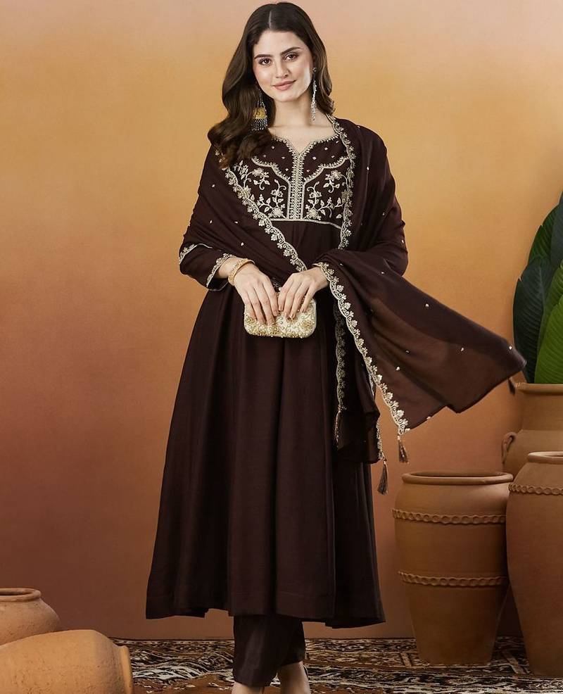 Dark brown vichitra silk designer festive wear kurti pant and duppta with embroidery work