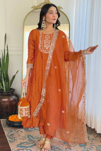 Vichitra silk rust embroidered salwar kameez