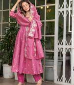 Pink embroidered chanderi silk anarkali salwar kameez