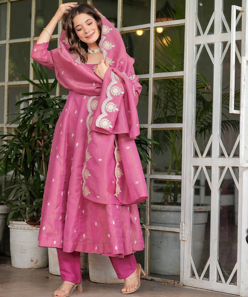 Pink embroidered chanderi silk anarkali salwar kameez